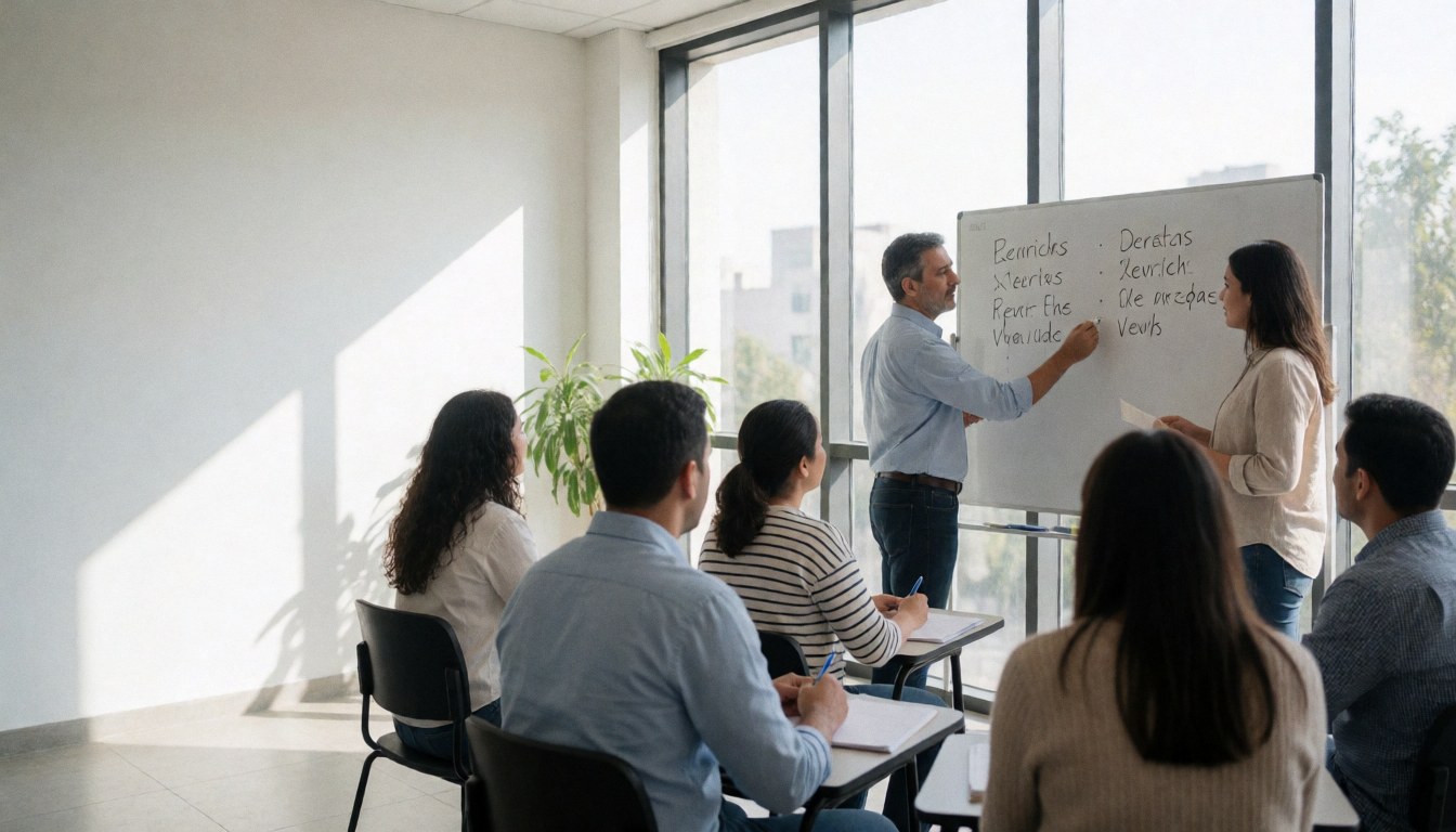 Language teacher writing verbs on a whiteboard while students take notes in a bright classroom with large windows.