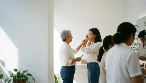 A woman tries on eyeglasses while a professional assists her in a bright modern optical shop with white walls and natural light.