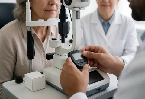 An optician adjusts digital optical equipment while a client sits nearby for an eye exam in a well-lit clinic.