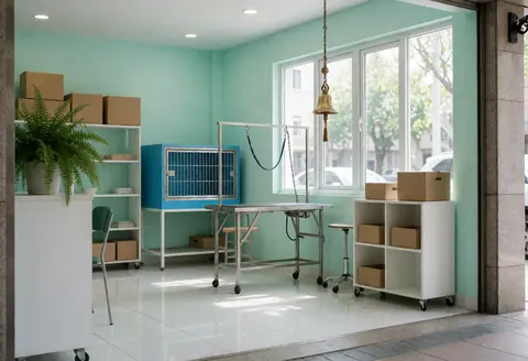 Clean dog grooming salon interior featuring mint walls, white floor, metal grooming table, and blue drying cage.