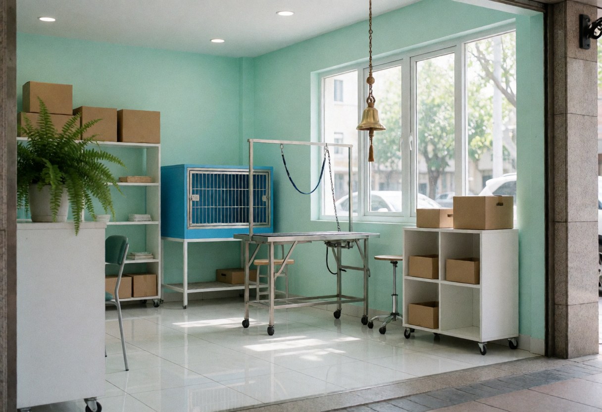 Clean dog grooming salon interior featuring mint walls, white floor, metal grooming table, and blue drying cage.