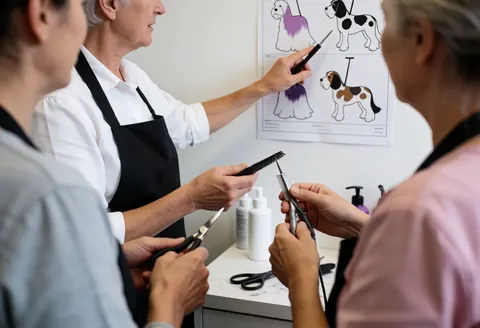 Dog groomer showing technique with graphics, holding tools in a professional canine grooming salon setting