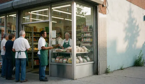 Customers wait in line outside a minimarket with a vendor attending to them and products visible on shelves behind a glass window.