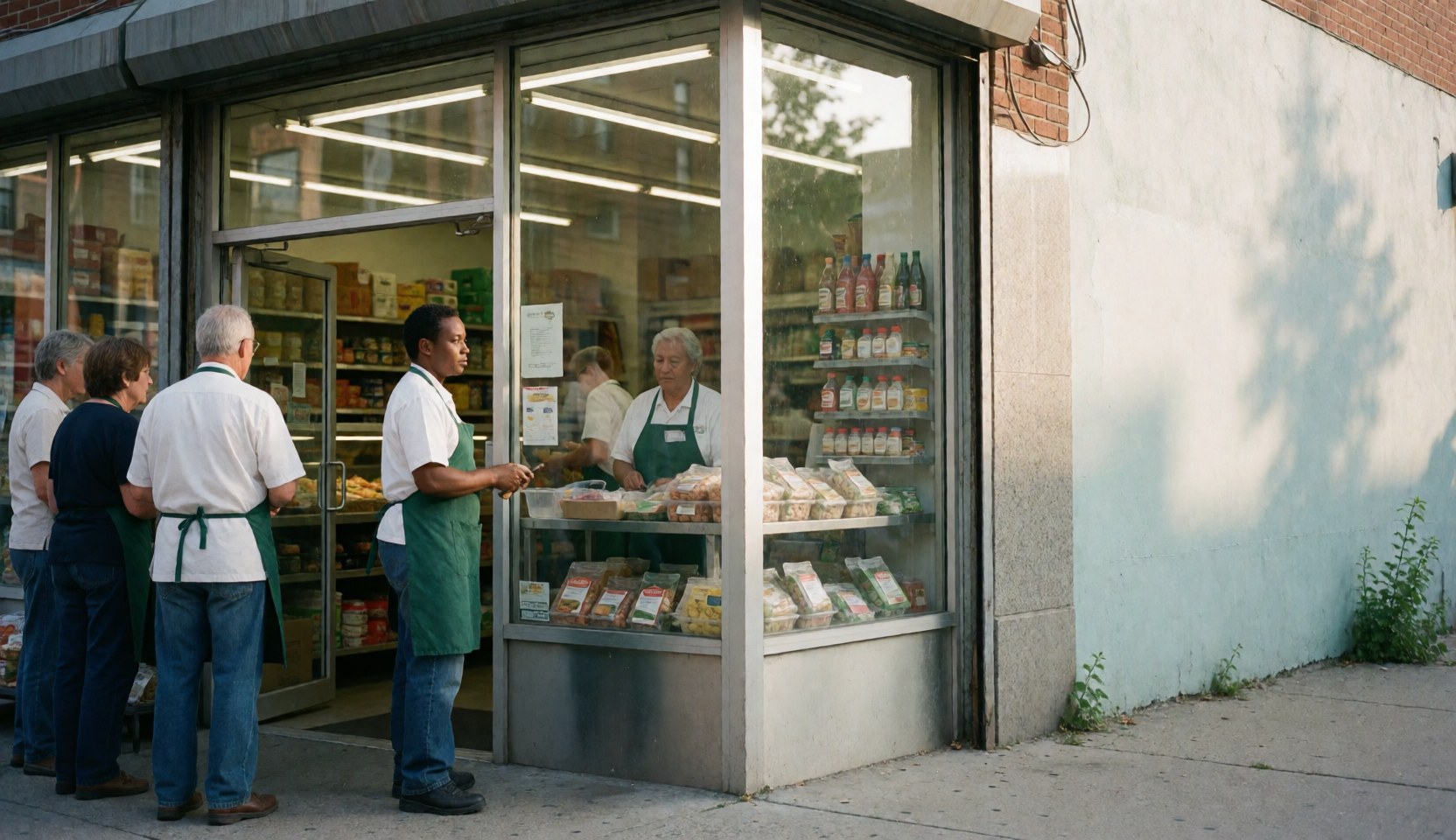 Customers wait in line outside a minimarket with a vendor attending to them and products visible on shelves behind a glass window.