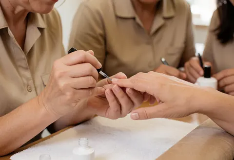 A manicurist applying clear nail polish to a client's nails using a brush and bottle in a salon setting.