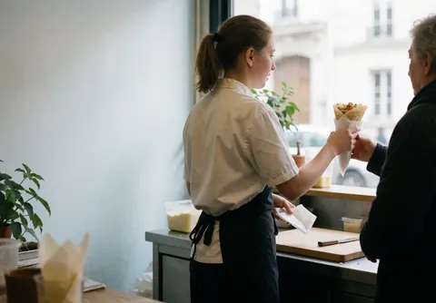 A vendor hands food to a customer in a bright shop with natural light, showing service in action.