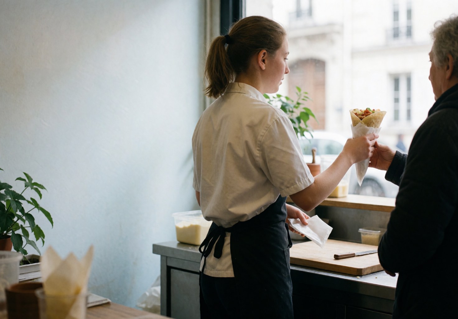 A vendor hands food to a customer in a bright shop with natural light, showing service in action.