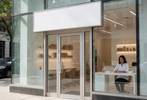 Modern nail salon exterior featuring a glass entrance window and a white work table inside.