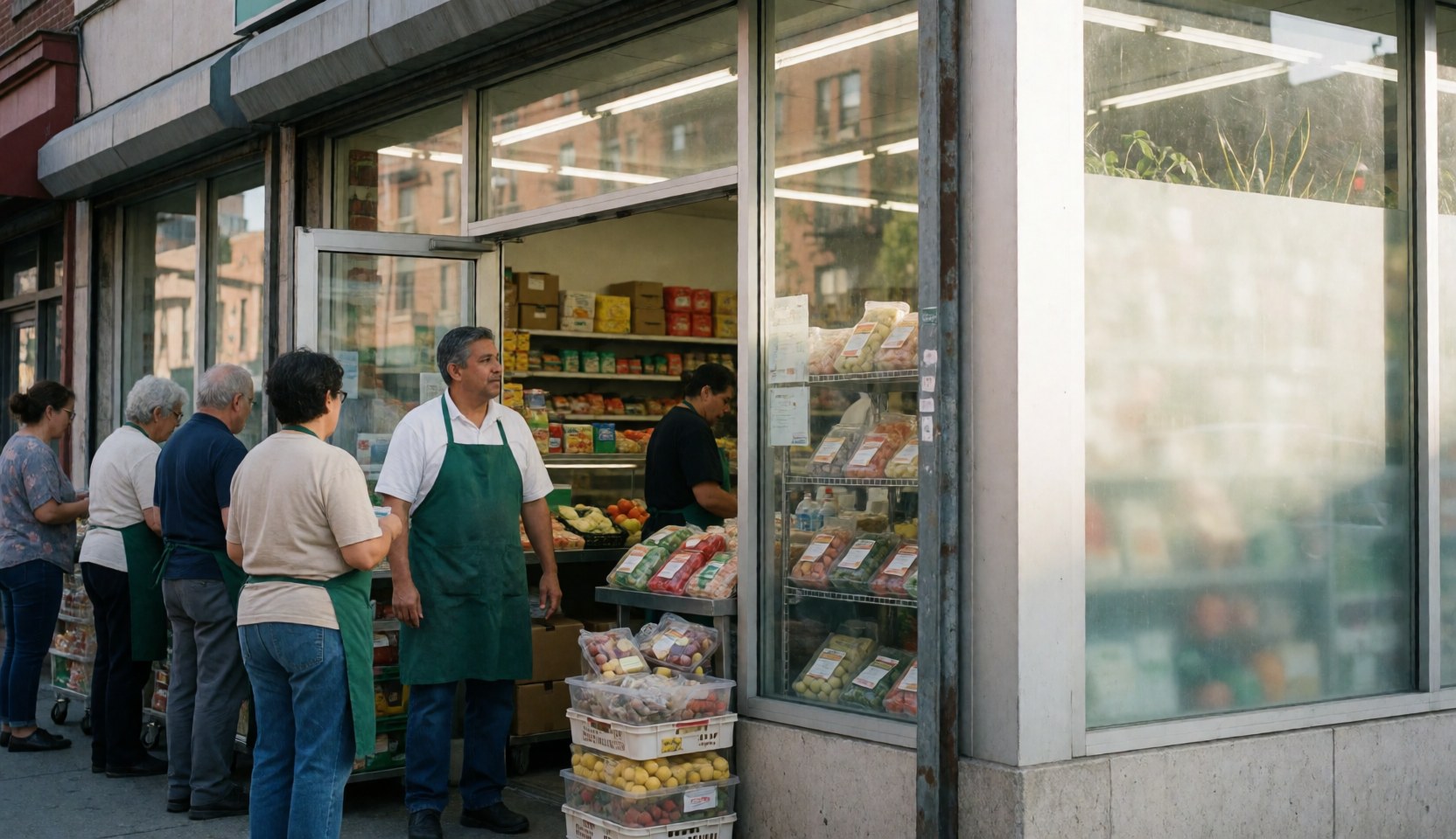 Customers browsing fresh fruits and vegetables on shelves in a minimarket with staff assisting shoppers inside the store.
