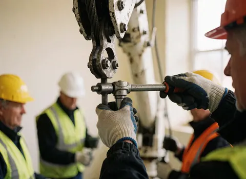 Gloved hands tightening a screw on a crane cable with workers in hard hats and reflective vests in the background
