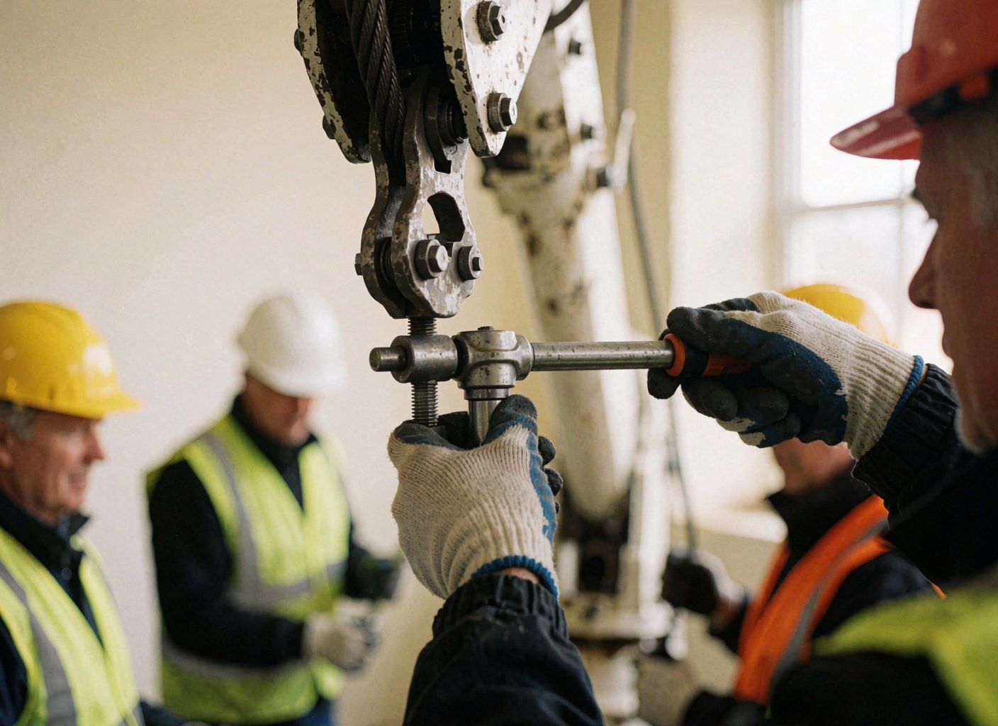 Gloved hands tightening a screw on a crane cable with workers in hard hats and reflective vests in the background