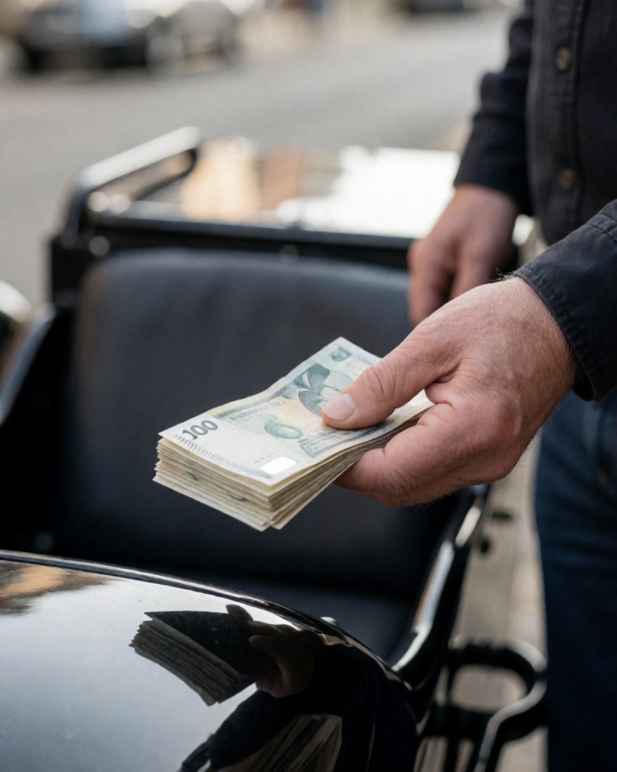 Close-up of a hand passing banknotes to a motorcycle taxi driver with a reflection visible on the fuel tank during a street transaction
