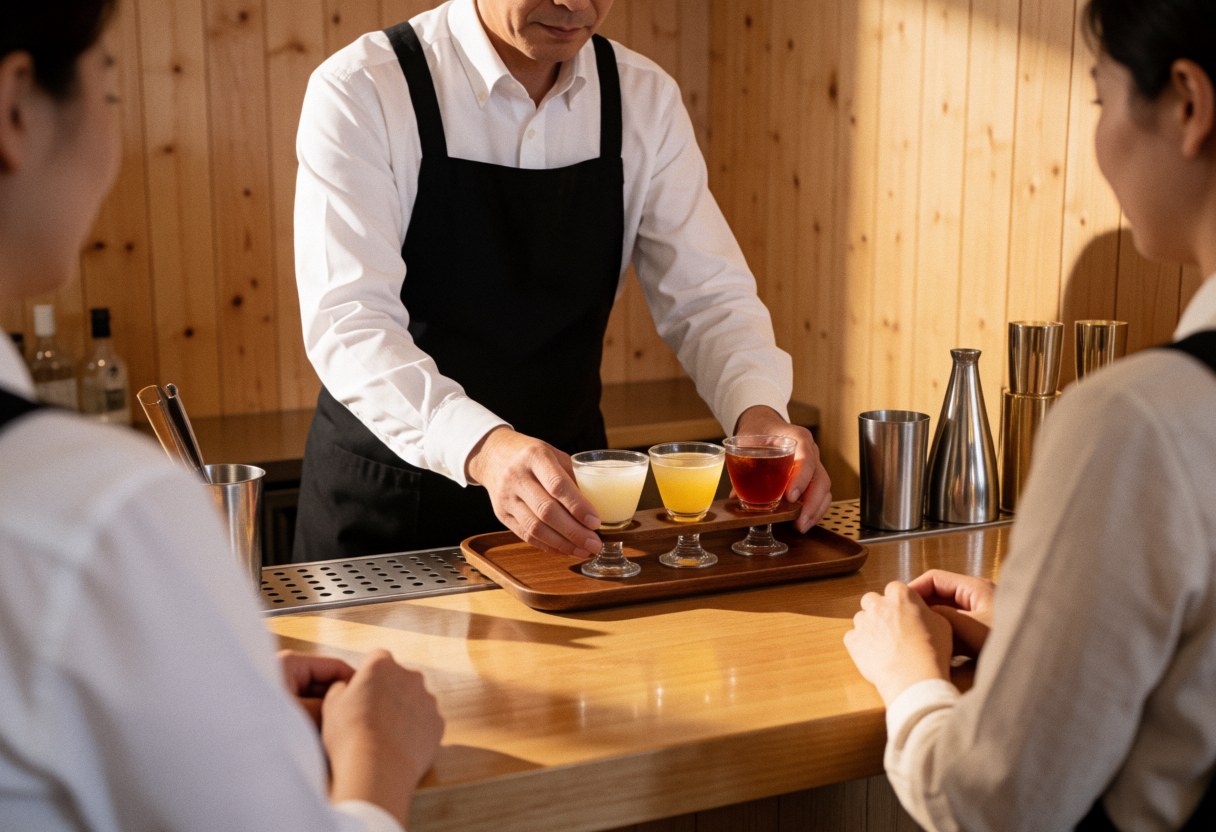 A bartender serves three cocktails on a wooden tray in a bar with warm lighting, showing service in action.