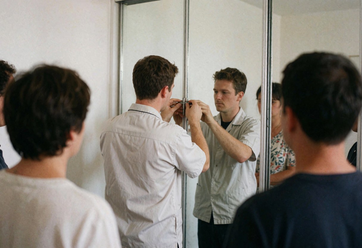 Technician using a tool to adjust a mirror door in a furniture assembly workshop with white walls and observers watching the work.