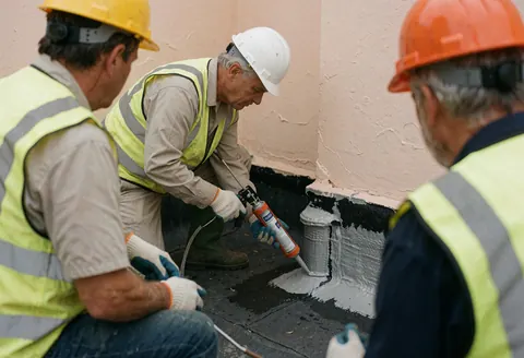 Three workers in hard hats and vests apply white sealant to a black roof pipe against beige walls during a roof repair service.