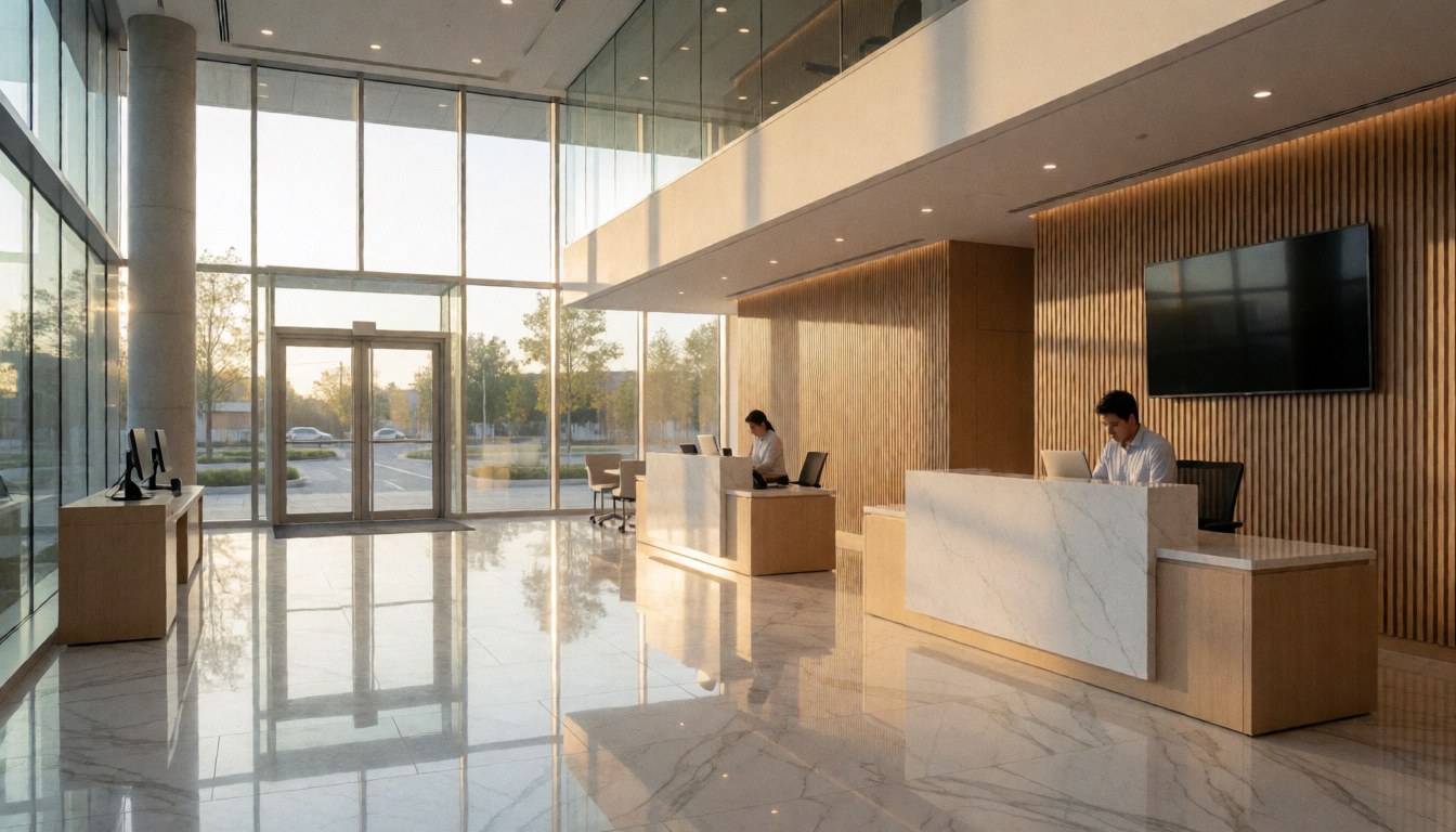 Spacious office reception area featuring marble desks, wooden walls, and natural light streaming through glass windows.