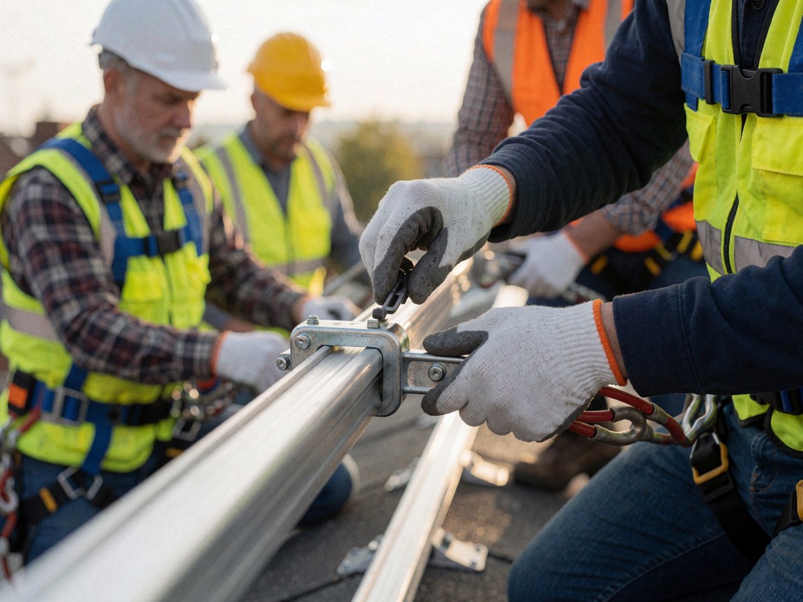 Close-up of a hand adjusting a metal connector on a solar rail during a repair service.