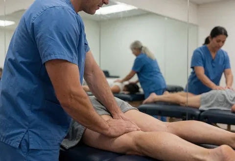 Therapist applying pressure to a client's leg during a chiropractic massage service in a bright treatment room
