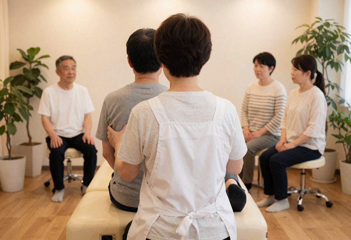 Chiropractic massage therapist in white apron attending to a seated client on a massage table in a clinic with plants and light walls