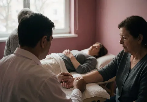 Acupuncturist checking a patient's pulse on a treatment bed in a calm clinic with pink walls and natural light