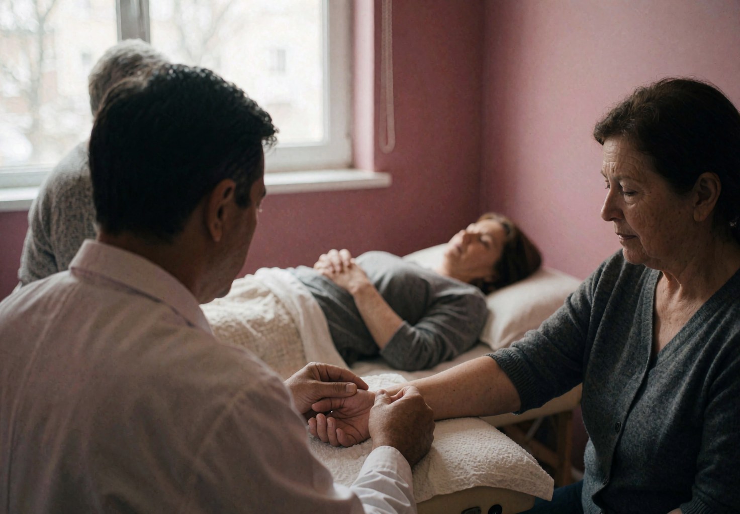 Acupuncturist checking a patient's pulse on a treatment bed in a calm clinic with pink walls and natural light