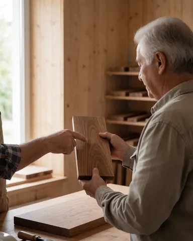 A satisfied client holds a wood sample while a craftsman points out the grain in a natural light workshop