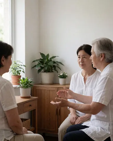 An acupuncturist gestures with open hands while explaining a procedure to two seated patients in a calm clinic with white walls and wooden furniture.