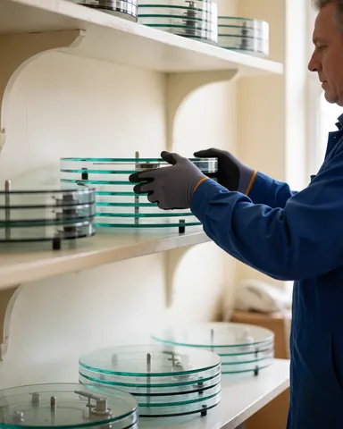 Technician wearing gloves places glass plates on a shelf during microwave repair service with white walls and natural light