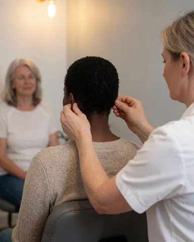 A practitioner performs auriculotherapy on a seated patient in a calm clinic with gray walls and warm lighting.