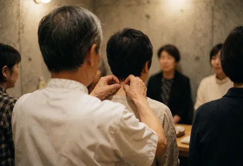 Acupuncture needle being applied to a patient's neck during a therapy session in a treatment room with concrete walls and warm lighting