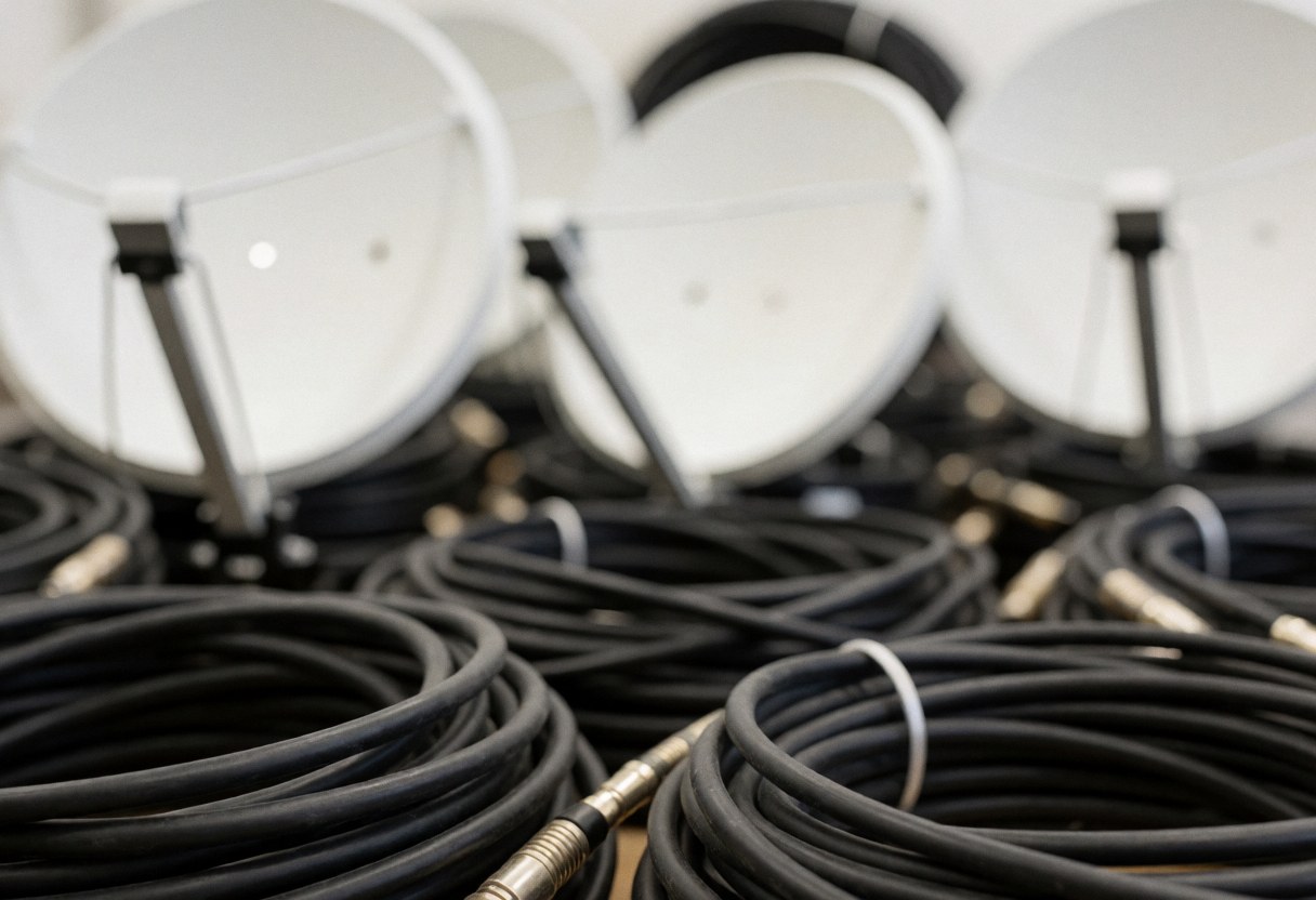 White satellite dishes and coiled coaxial cables stored in a warehouse for antenna installation services