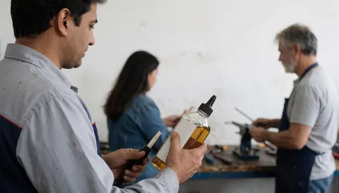 A technician applies sharpening oil to a metal tool in a workshop while other workers are visible in the background.