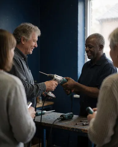 A customer receives a clean and shiny power tool at a repair shop with blue walls, illustrating professional tool service.