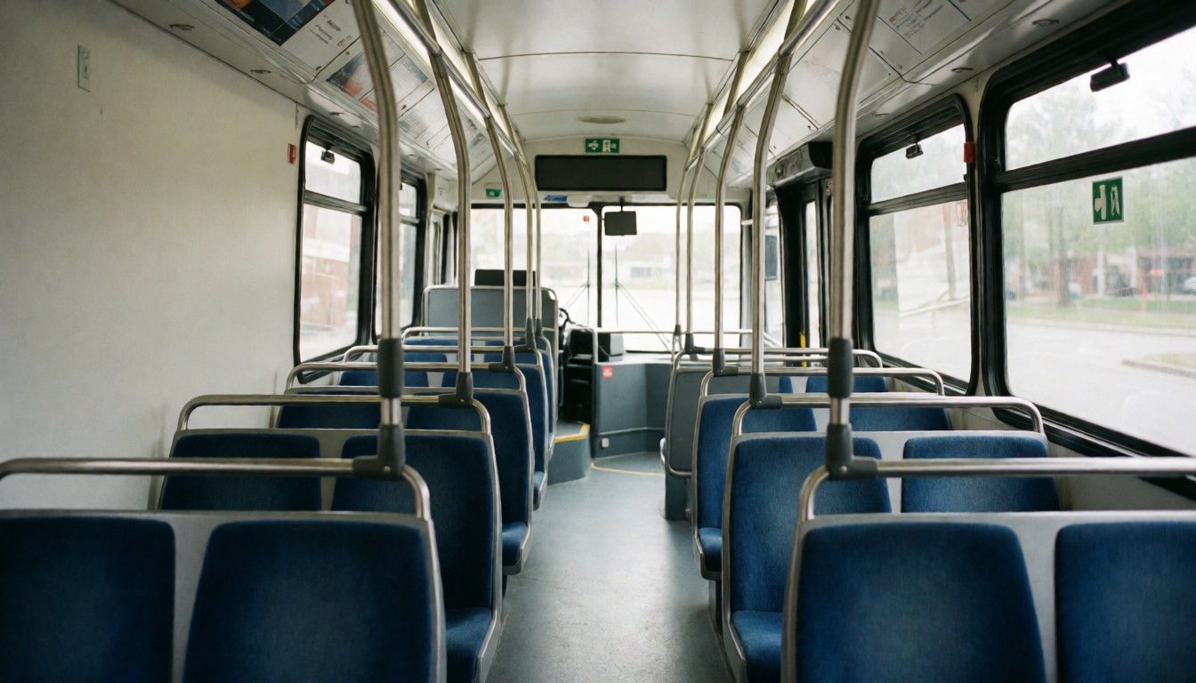Empty bus interior featuring blue seats, metal handrails, and large windows, suitable for public transport websites