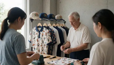 Three individuals working on embroidery for custom shirts and caps in a well-lit workshop.