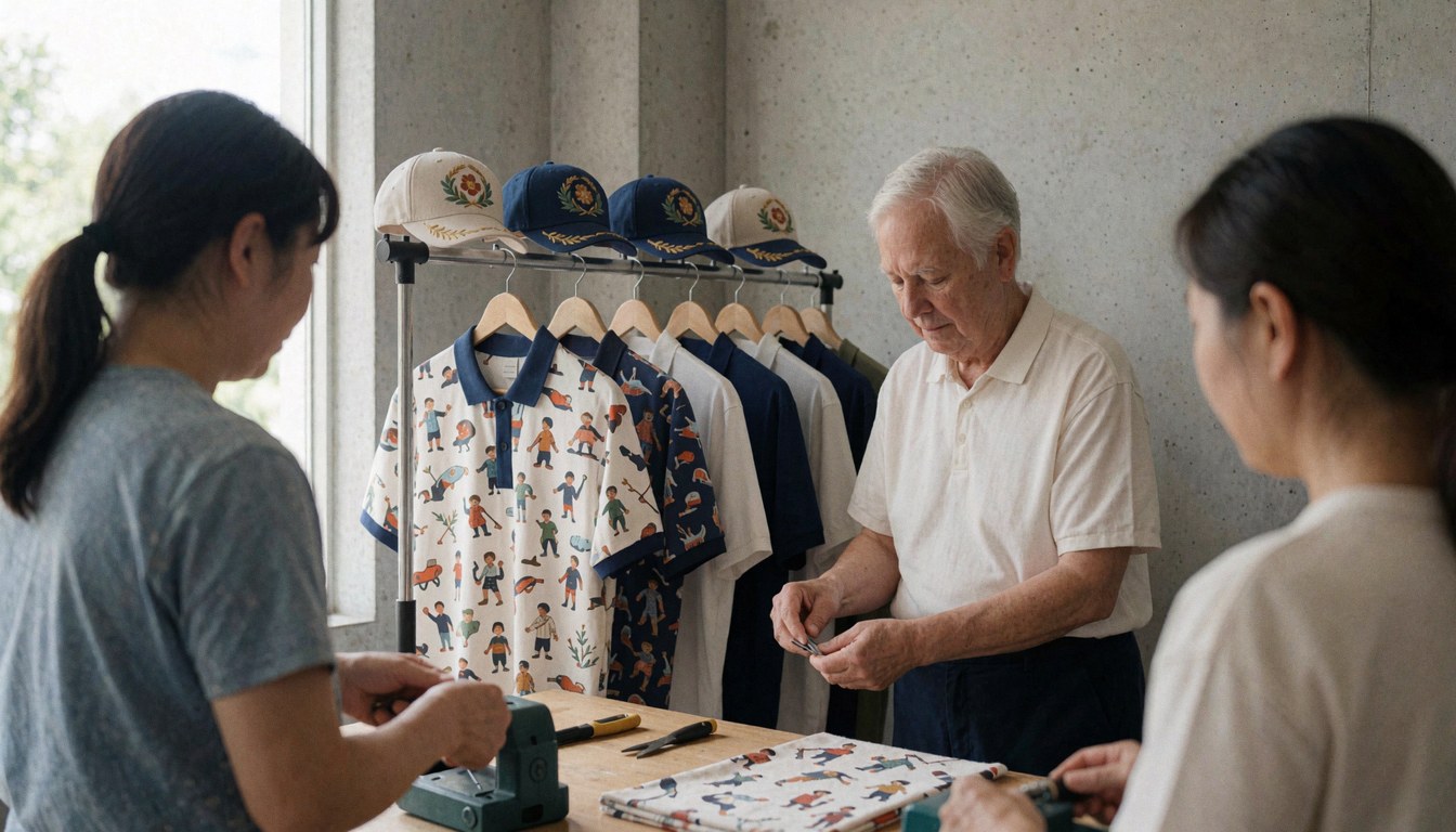Three individuals working on embroidery for custom shirts and caps in a well-lit workshop.