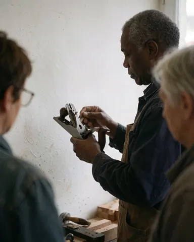 Carpenter testing a woodworking tool in a workshop with white walls and clients observing the repair service