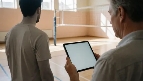 Volleyball coach uses a tablet to review a player's technique on an indoor court with a net and wooden floor