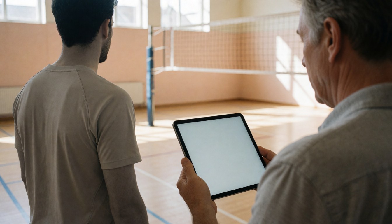 Volleyball coach uses a tablet to review a player's technique on an indoor court with a net and wooden floor