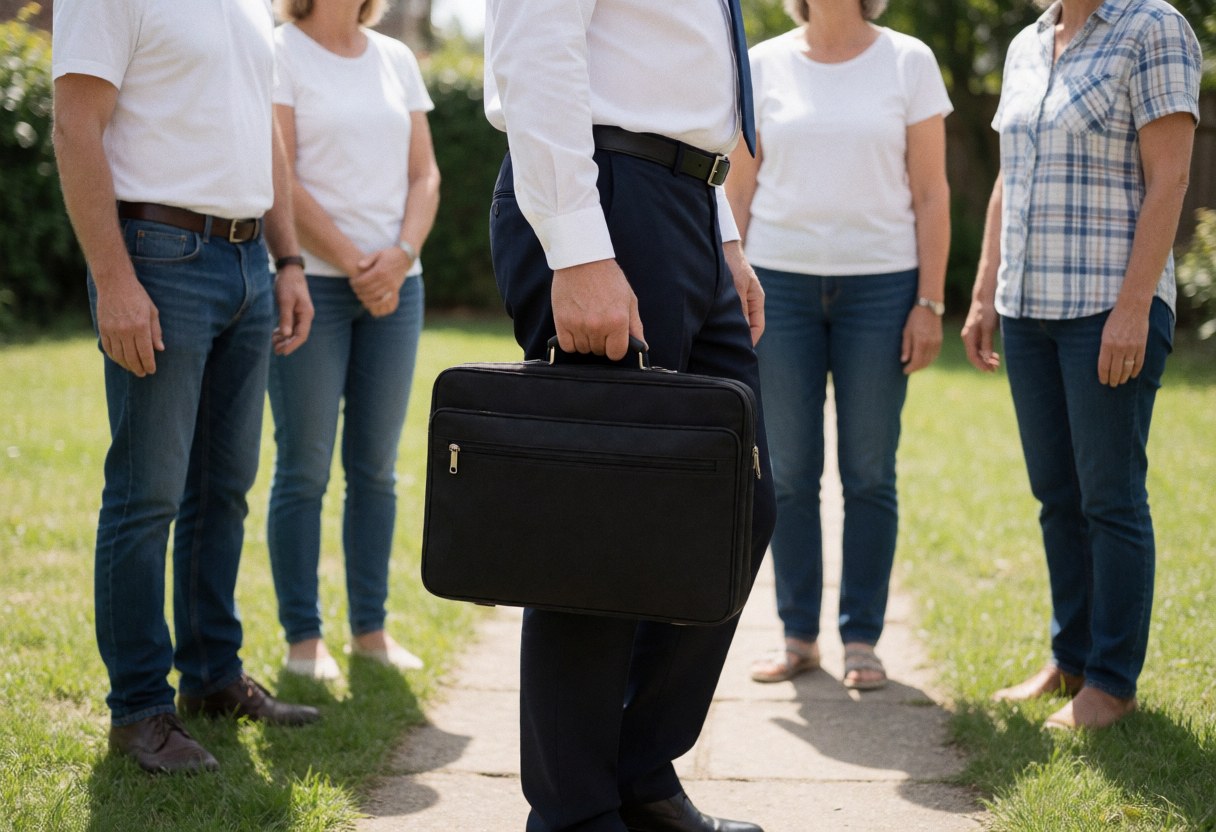 Insurance professional walks along a garden path carrying a briefcase while clients observe nearby