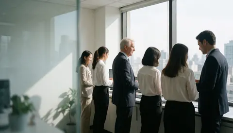 Insurance professionals collaborating in a modern office with large windows overlooking the city skyline while using computers.