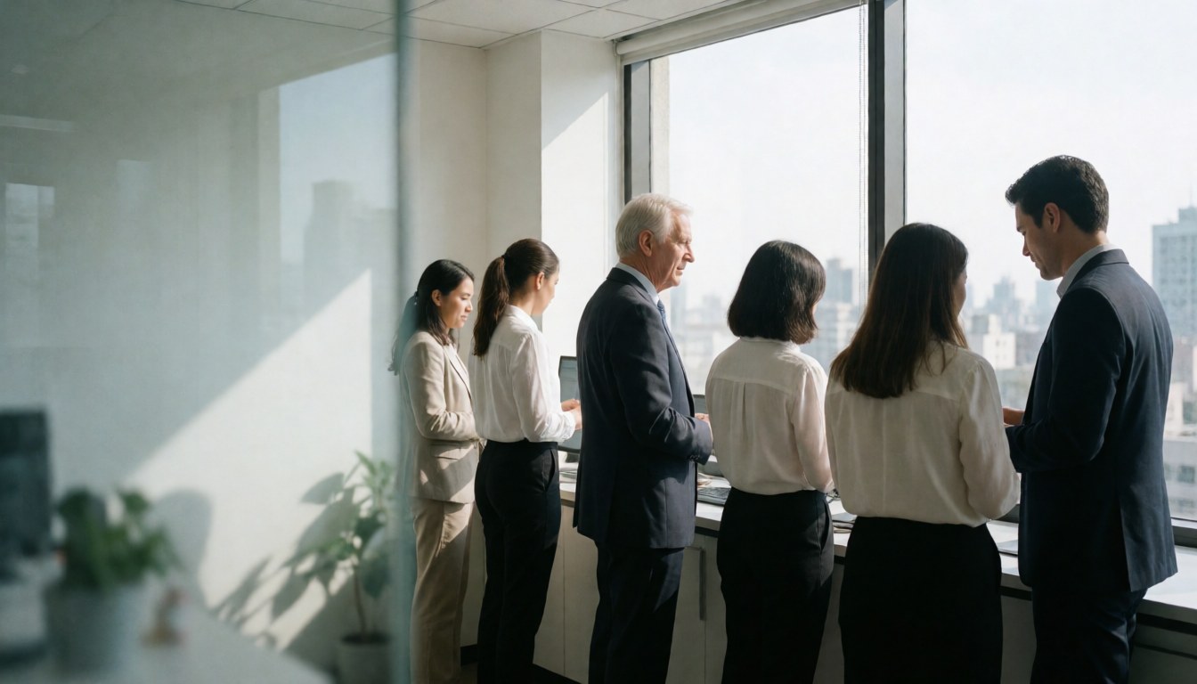 Insurance professionals collaborating in a modern office with large windows overlooking the city skyline while using computers.