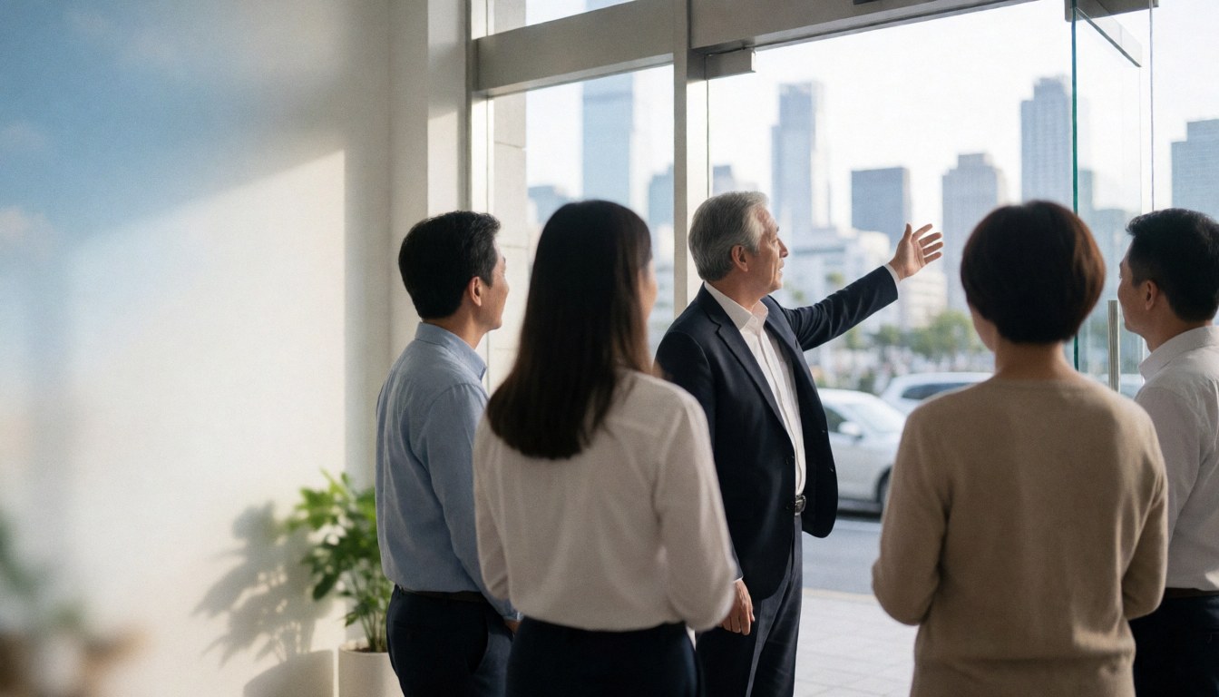 A group of people observing the city skyline from a modern building with large windows, depicting a business scene.