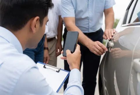 Insurance adjuster taking a photo of car door damage with a smartphone while another man opens the door in an outdoor parking lot.