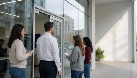 Four individuals holding tablets stand before a modern glass building entrance with street reflections and ceiling lights.