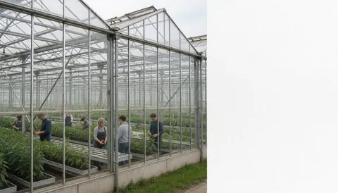 Workers caring for plants in rows under a metal structure in a large greenhouse with a cloudy sky, ideal for agriculture.