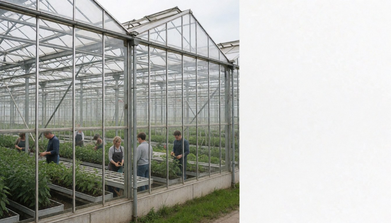 Workers caring for plants in rows under a metal structure in a large greenhouse with a cloudy sky, ideal for agriculture.