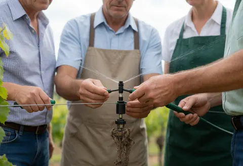 Close-up of hands adjusting an irrigation sprinkler in a vineyard with water spraying and grapevines in the background.