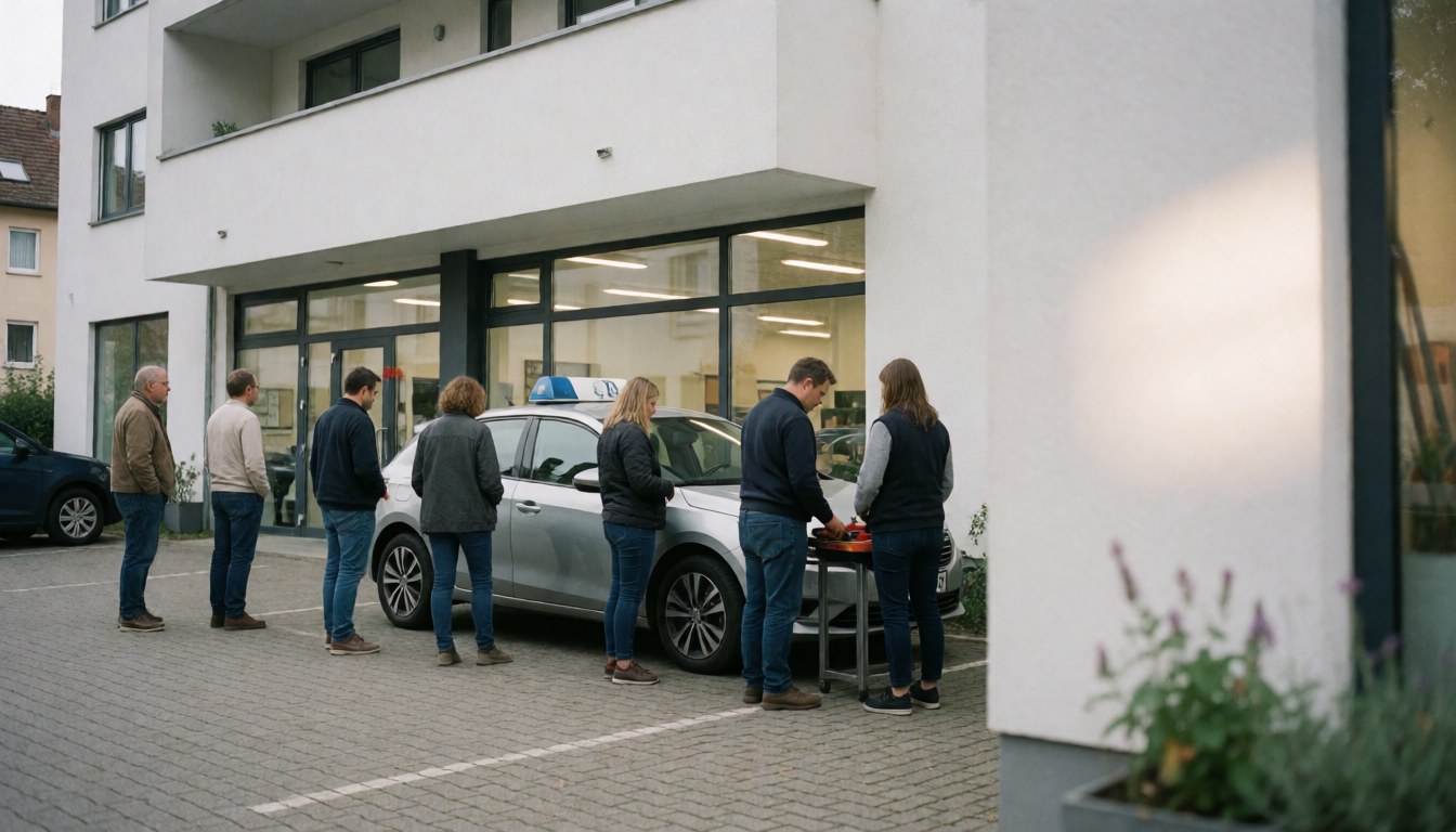 customers waiting in line in front of a training car at a modern driving school with a white building and large windows