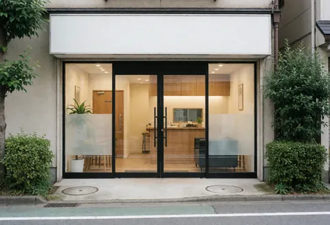 Clean modern driving school facade featuring a glass entrance, bright interior, contemporary furniture, and decorative plants.
